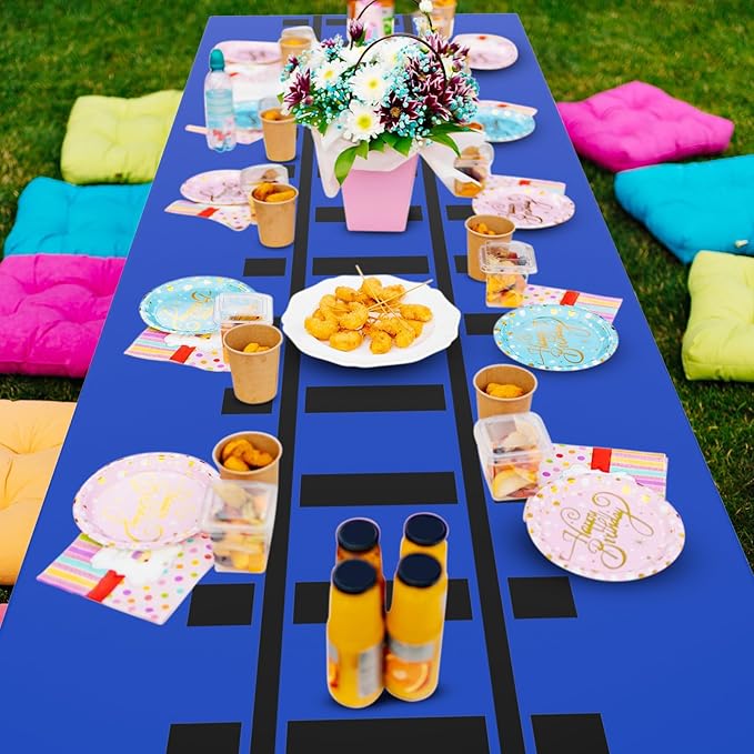 3 Pcs Train Party Decorations Railroad Track Tablecloths Train Birthday Party Supplies 54 x 108 Inch Plastic Table Covers for Railroad Track Western Theme Birthday (Blue)