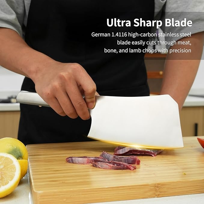 7 inch Meat Cleaver, One-piece Full Metal Cleaver Knife, Heavy Duty Butcher knife, German 1.4116 High Carbon Stainless Steel kitchen Knife, Chopping Knife for Meat, Bone, Lamb Chops