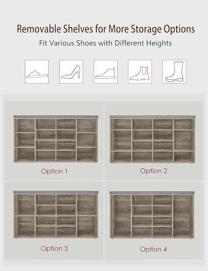 DINZI LVJ Shoe Storage Bench with Cushion, 14-Cubby Shoe Rack, Adjustable Shelves, Multifunctional Shoe Organizer Bench for Entryway, Mudroom, Hallway, Living Room, Bedroom and Garage, Gray Wash