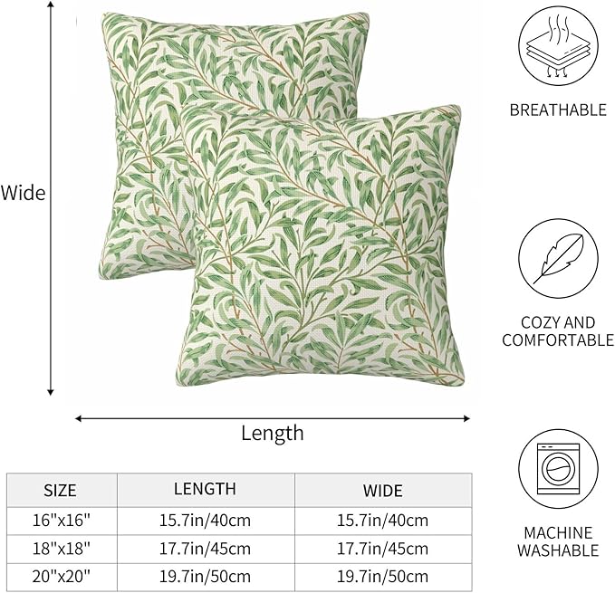Rustic Vintage Floral Green Leaf Throw Pillow Covers 18x18 Inch Set of 2 William Morris Plants Farmhouse Decor Pillow Case Euro French Country Cushion Cover of Sofa Living Room Bedroom