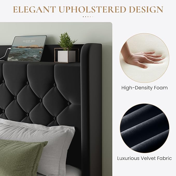 SHA CERLIN Full Size Platform Bed Frame with Charging Station, Velvet Wingback Headboard with Storage Shelf, Wooden Slats Support, Ample Under-Bed Space, No Box Spring Needed, Easy Assembly, Black