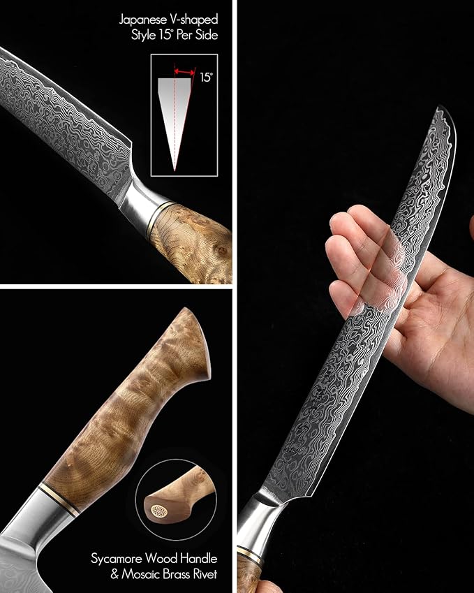 HEZHEN Slicing Knife 10 inch - Granton Carving Knives Hollow Ground Meat Knife Kitchen Long Slicer & Carver - Figured Sycamore Wood Handle - Gift Box Included - Master Series