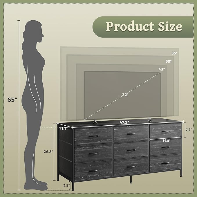 Huuger 9 Drawer Dresser, 47 Inch TV Stand for 50, 55 Inch TV, Entertainment Center with Drawers, Fabric Dresser Chest of Drawer for Bedroom, Closet, Charcoal Black Wood Grain Print