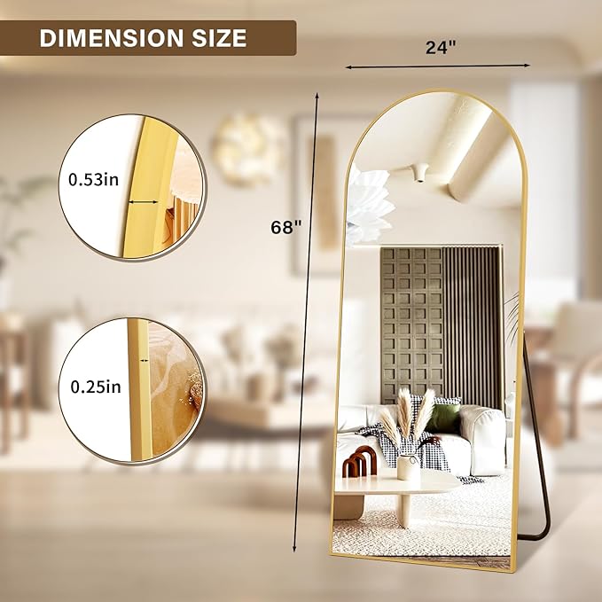 24x68 Arched Full Length Mirror Floor Mirrors with Aluminum Alloy Frame Free-Standing Wall Mounted Floor Mirrors or Large Dressing Mirror, Gold Mirror Full Length