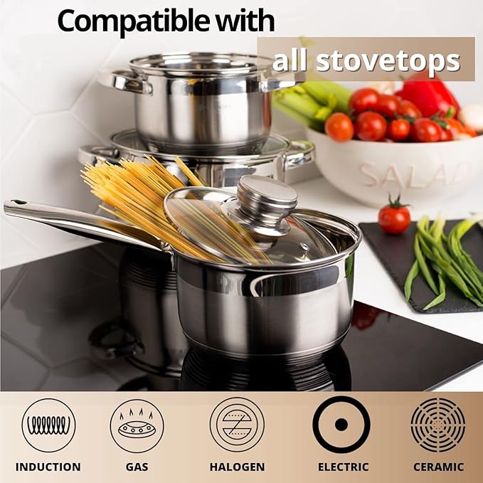 Daniks Standard 9-Piece Stainless Steel Induction Cookware Set, Saucepan, Dishwasher Safe Pots, Measuring Scale, Glass Lids, For Soup, Pasta, Stew, Silver