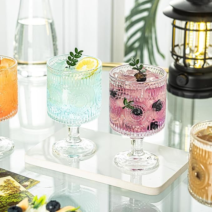 6 Packs Vintage Goblet Glasses Handcrafted Art Deco Crystal Goblets 8 oz Wine Glasses Drinking Goblets Bar Tumbler Glassware for Iced Tea, Wine, Beer, Juice, Cocktail, Whiskey