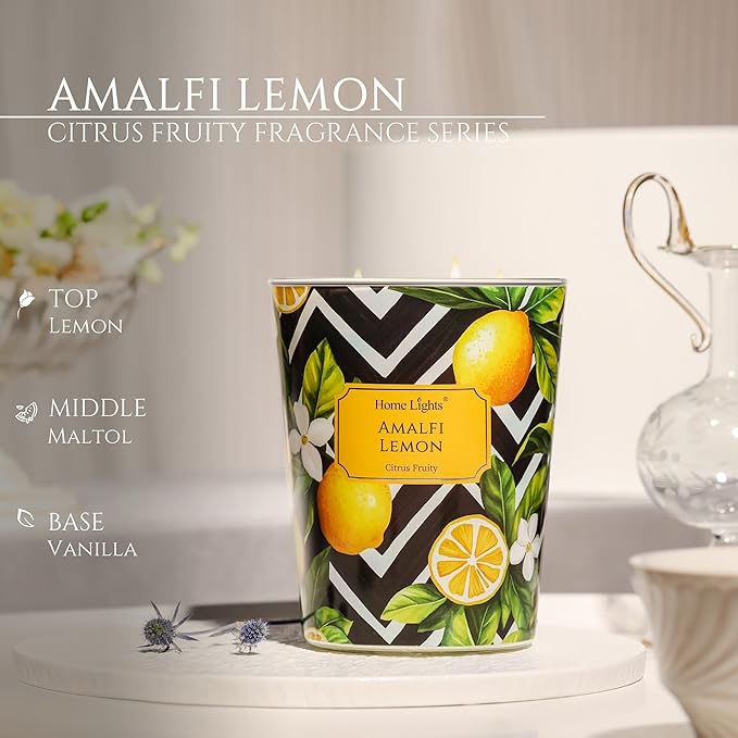 HomeLights Large jar Candle | 3-Wick Long-Lasting Scented Candles, 34oz Natural Soy Wax Candle for Home Scented, Eclectic Mixed Styles Gifts for Women & Men, Amalfi Lemon