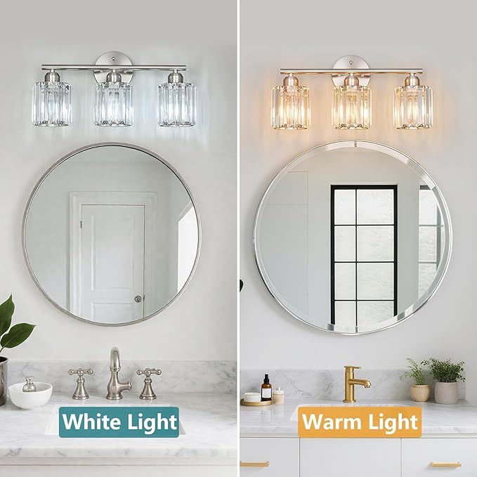 Modern 3 Light Crystal Vanity Light, Brushed Nickel Vertical Bathroom Light Fixture Over Mirror for Dressing Table Sink, Compatible with Dimmable Bulbs (Bulbs Not Included)