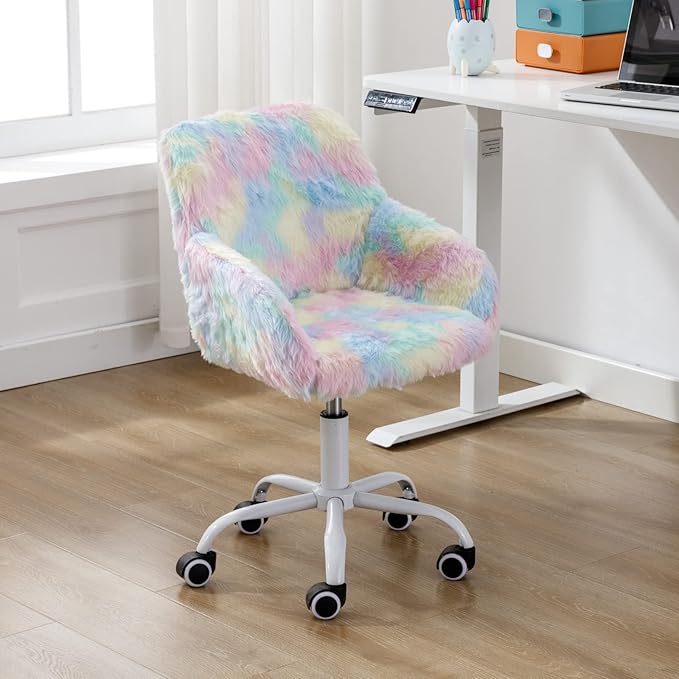 HEAH-YO Swivel Kids Chair, Adjustable Desk Chair with Armrest and Back, Cute Faux Fur Study Chairs for Boys and Girls, Rainbow Color