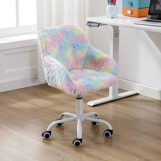 HEAH-YO Swivel Kids Chair, Adjustable Desk Chair with Armrest and Back, Cute Faux Fur Study Chairs for Boys and Girls, Rainbow Color