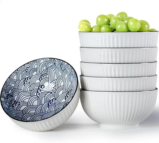 QINLANG 6 Inch Blue and White Porcelain 30 oz Bowls Set of 6 for Soup, Cereal, desserts, ice cream and Rice - Wave Pattern