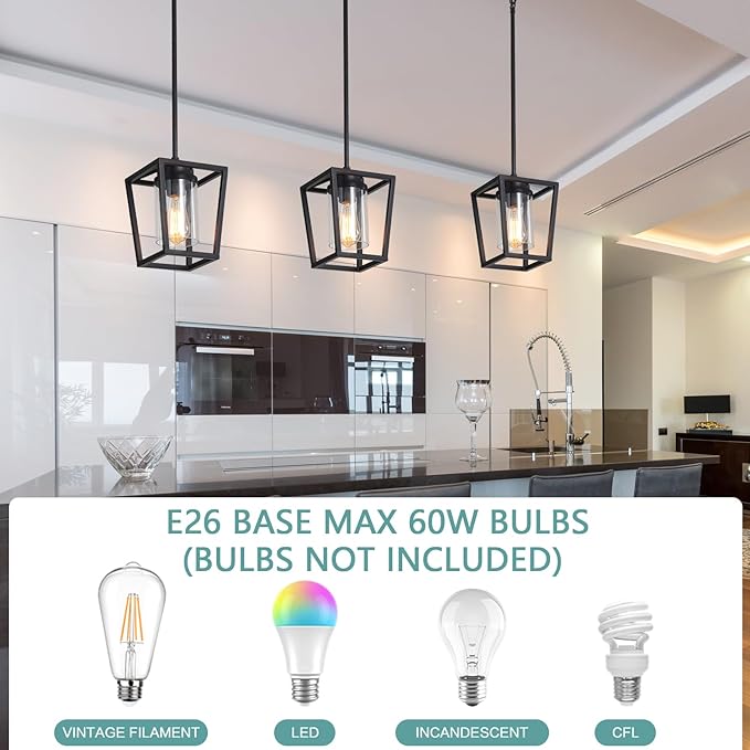 SGLfarmty 1-Light Black Pendant Lights Kitchen Island, Farmhouse Cage Metal Hanging Light Fixtures with Glass Shade，Adjustable Lantern Pendant Lighting for Dining Room, Entryway, Hallway