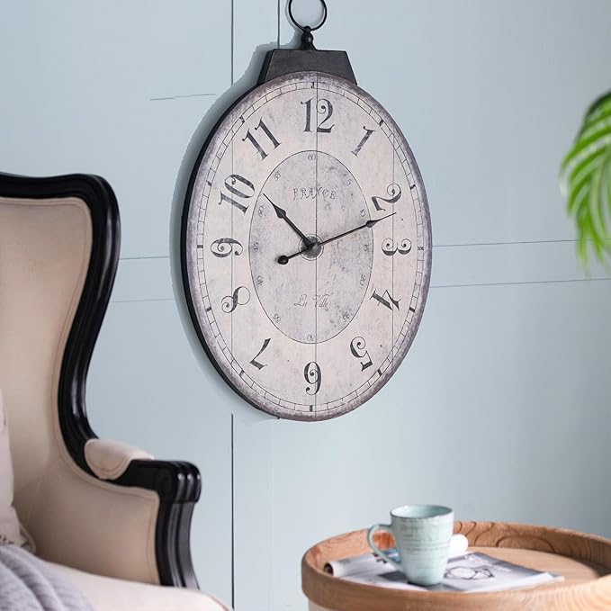 18" x 29" Rustic Farmhouse Oval Wall Clock, Solid Wood Silent Non-Ticking, Battery Operated Decorative Clock for Living Room, Kitchen, Bedroom, Office and Home Decor