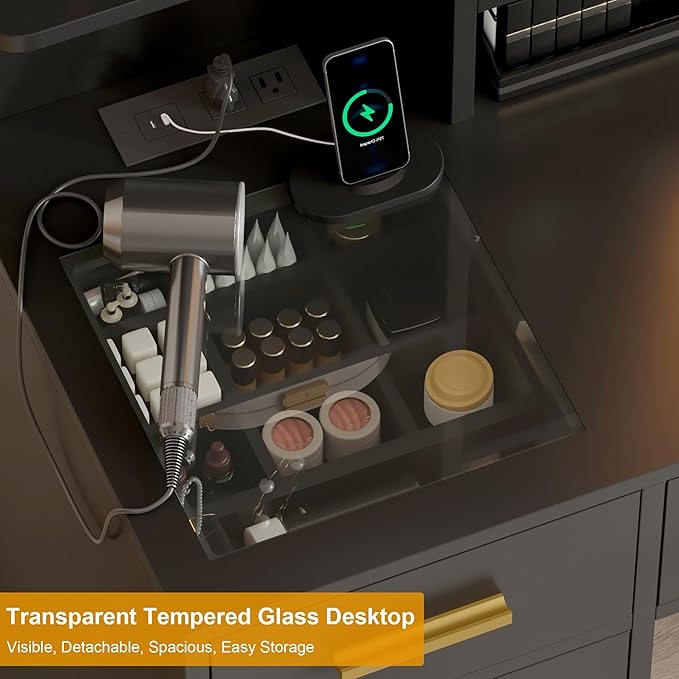 IDEALHOUSE Vanity Desk with Mirror and Lights, 42.5" Makeup Vanity Set with Stool, Makeup Table with Mirror Cabinet and Chair, Drawers & Shelves, Dressing Table with Outlet for Bedroom, Black