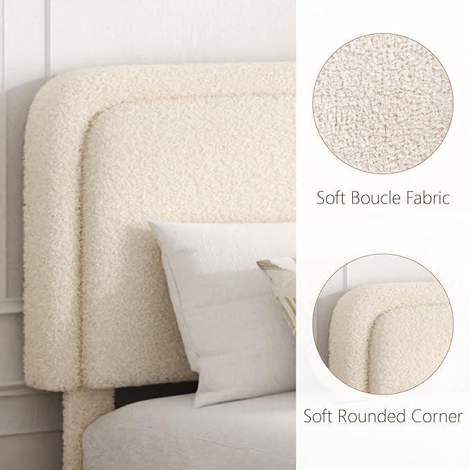 King Size Bed Frame with Headboard Adjustable, Boucle Upholstered Platform King Bed Frame, Anti-Collision Soft Rounded Corners, No Box Spring Needed, Noise-Free, Easy Assembly, Beige