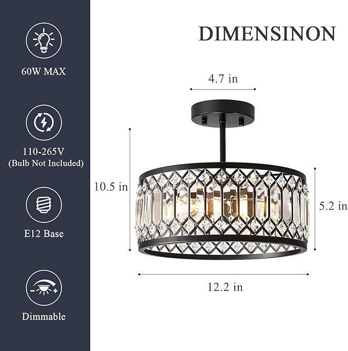 Crystal Black Ceiling Light, Modern Semi Flush Mount Ceiling Lighting Fixture, Round Hallway Lighting Fixtures Chandelier for Kitchen Entryway Bedroom Dining Room, 3-Light, 12.2 Inch