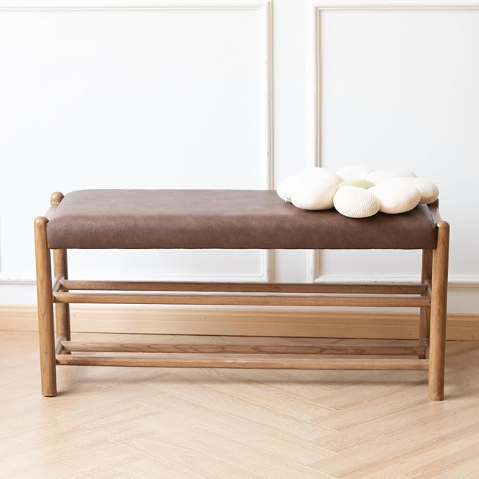 Solid Wood Entryway Bench with Shoe Storage, Rustic Oak Wood and PU Leather 31.5 Inch Long Seating for Living and Dining Rooms, 3-Tier Brown
