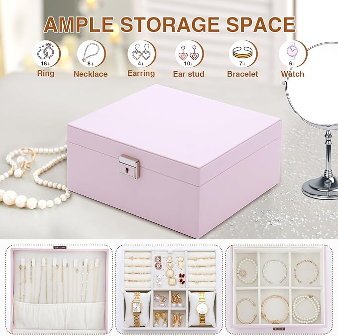 Jewelry Organizer Box for Girls Women,Large Genuine Leather Jewelry Organizers and Storage with Earring Holder Organizer Removable Velvet Jewelry Tray,Christmas Gifts Jewelry Box for Girls 8-12,Pink