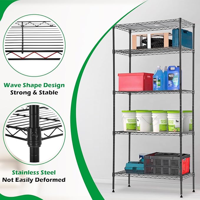 5 Tier Shelving Unit Heavy Duty Wire Shelving Unit Easy Installation Metal Shelving Unit 14"D x 30"W x 60"H Metal Storage Shelves with Wheels Wire Shelving Rack for Garage Home Kitchen, Black