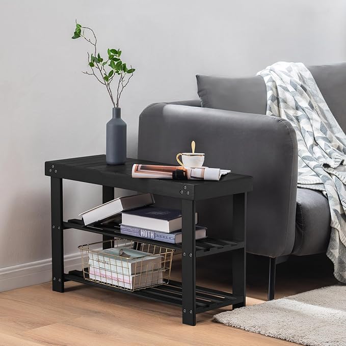 Apicizon Bamboo Shoe Rack for Entryway, 3-Tier Shoe Rack Bench for Front Door Entrance, Small Shoe Organizer with Storage, Black