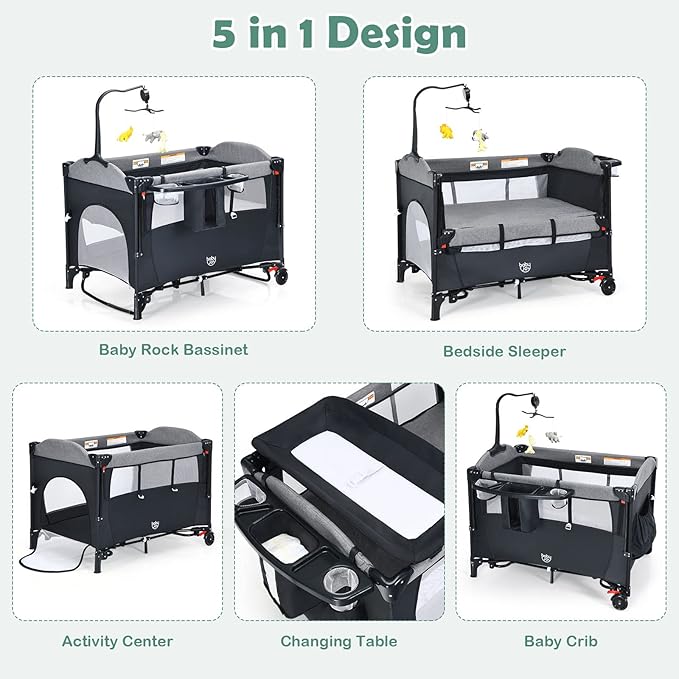 BABY JOY 5-in-1 Pack and Play, Baby Bedside Sleeper with Bassinet, Multifunction Bedside Crib from Newborn to Toddlers, U-Shaped Diaper Changer, Playard, Safety Strap, Music Box & Hanging Toys