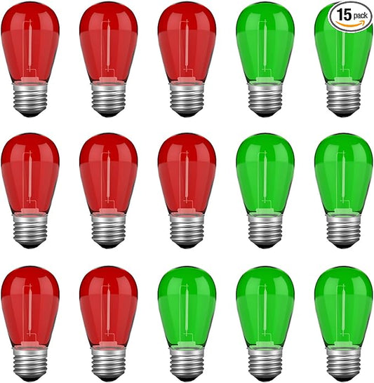 Red Green S14 Christmas Light Bulbs, 1 Watt Plastic Shatterproof LED Replacement Bulbs for Indoor Outdoor Patio String Light, E26 Medium Base, 15 Pack
