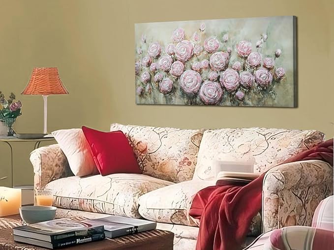 Arjun Pink Rose Wall Art Flower Canvas Painting 3D Textured Floral Silver Grey Artwork Living Room Modern Abstract Petals Tranquil Framed for Bedroom Home Office Wall Decor, Large Size 48"x24"