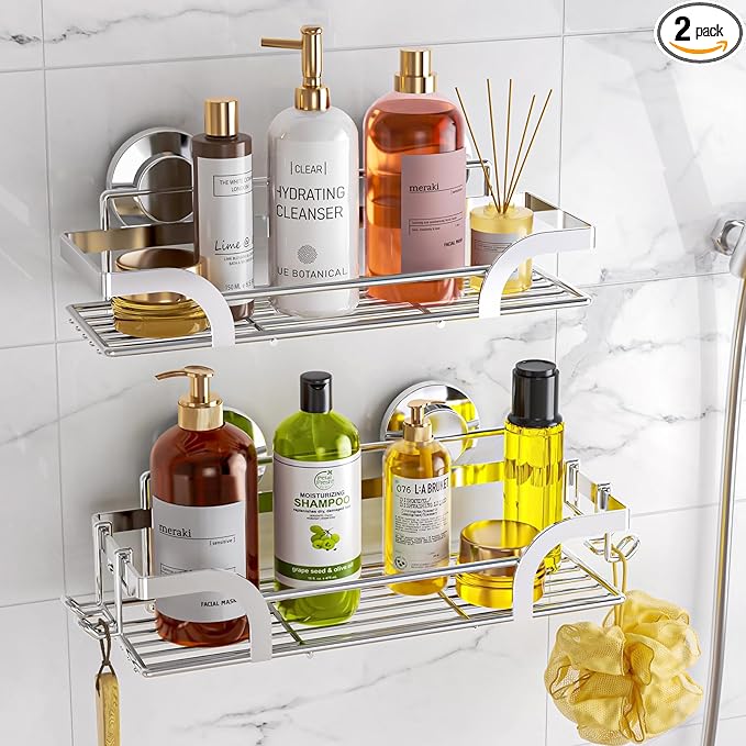 LEVERLOC Shower Caddy Suction Cup, 2 Pack Shower Shelves for Inside, Silver Rustproof Metal Bathroom Storage NO-Drilling Bathroom Organizer with Large Capacity, Heavy Duty Storage Basket