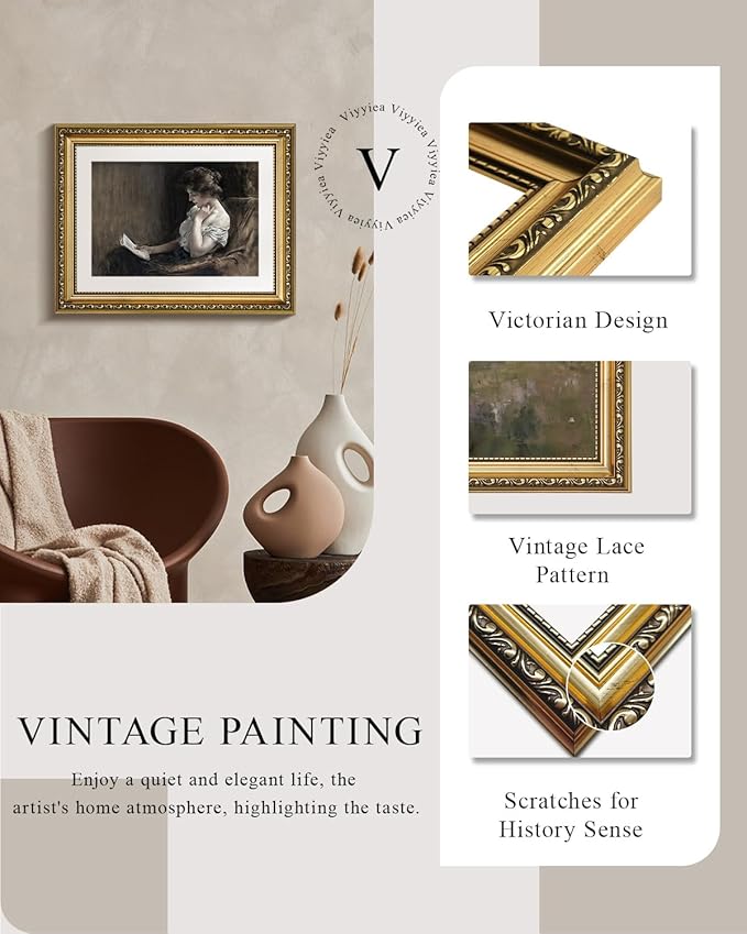 VIYYIEA Gold Framed Wall Art Canvas Print Home Decor Portrait Art Woman Sitting Reading Vintage Art Room Aesthetic Mid Century Lady Elegant Print Farmhouse Oil Painting Wall Decor for Bedroom 11x14in