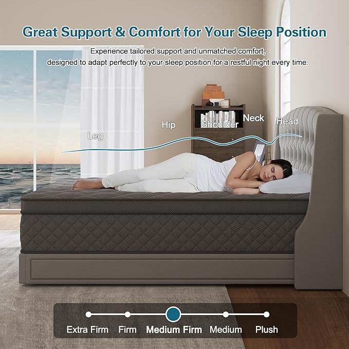 King Mattress, 12 Inch Hybrid Mattresses Grey Medium Firm Euro Top for Back & Lumbar Support, 100 Night Trial, Individual Pocket Spring for Motion Isolation & Pressure Relief