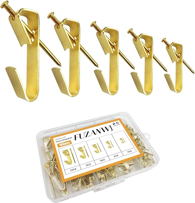 160Pcs Picture Hangers, FUZANWJ Heavy Duty Picture Hanging Kit, Picture Hanging Hooks, Nails for Hanging Picture, Picture Hooks on Wooden Wall / Drywall for Pictures, Canvas, Mirror, Holds 10-100 lbs
