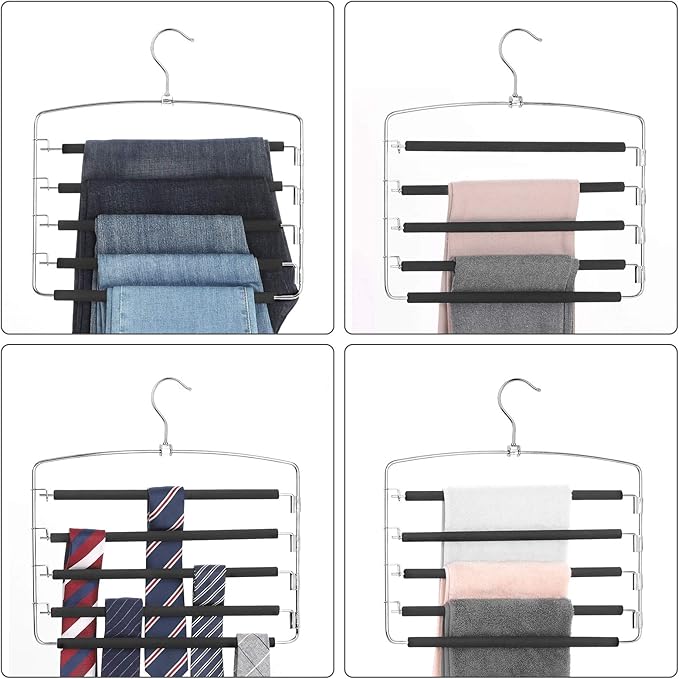 SONGMICS Pants Hangers, Set of 3, 5 Tiers Non-Slip Skirt Hangers, Space Saving Pants Organizers, for Closet, Silver and Black UCRI041BK