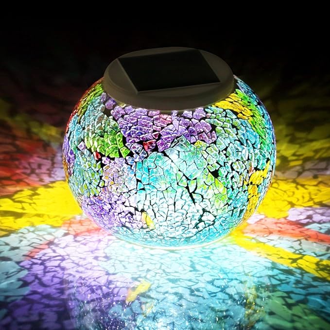 Color Changing Solar Powered Glass Mosaic Ball Led Garden Lights, Rechargeable Solar Table Lights, Outdoor Waterproof Solar Night Lights Table Lamps for Decorations, Ideal Gifts