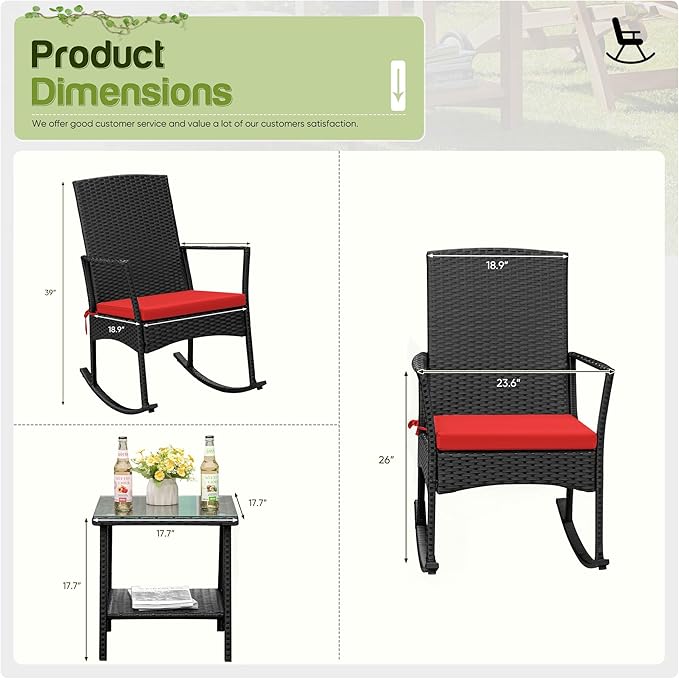 Flamaker Rocking Chair Outdoor PE Rattan Patio Chairs with Glass Table High Back Porch Rocker for Balcony, Garden, Backyard (Red)