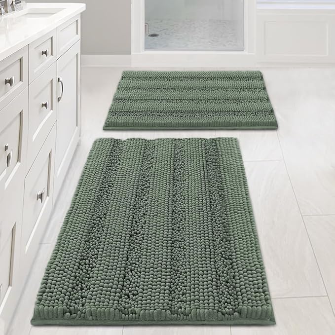 H.VERSAILTEX Bathroom Rug Set Bath Mats, 2 Piece Bath Mats Non Slip Thick Soft Chenille Striped Bath Rug Set, Bath Mats for Bathroom Sets (Green Bay, 20" x 32"/17" x 24")