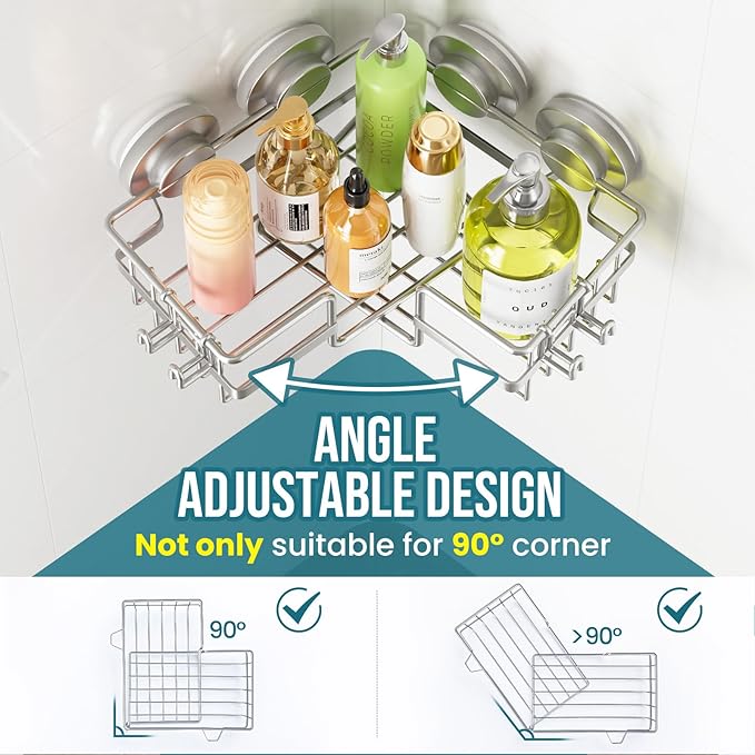 TAILI Corner-adaptive Suction Cup Shower Caddy 2 Pack, Stainless Steel Rustproof Corner Shower Shelves, Drill-Free Wall Mounted Baskets, Large Capacity, Removable Suction Cup Bathroom Organizer, Gray