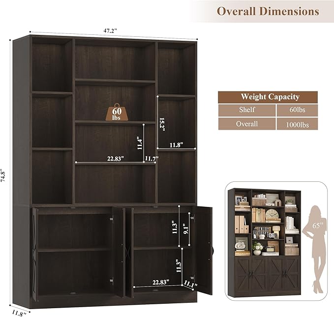 HOSTACK 75” Tall Book Shelf and Bookcase, Bookshelf with Storage Cabinet, 47” Wide Bookcase with 4 Doors, Standing Display Shelves, Modern Farmhouse Book Case for Living Room, Home Office, Dark Brown