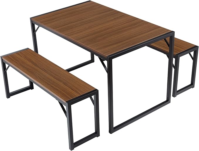 SHA CERLIN Kitchen Dining Table Set for 4 with Benches, Rustic Small Space Saving Dinette, Heavy Duty Metal Frame