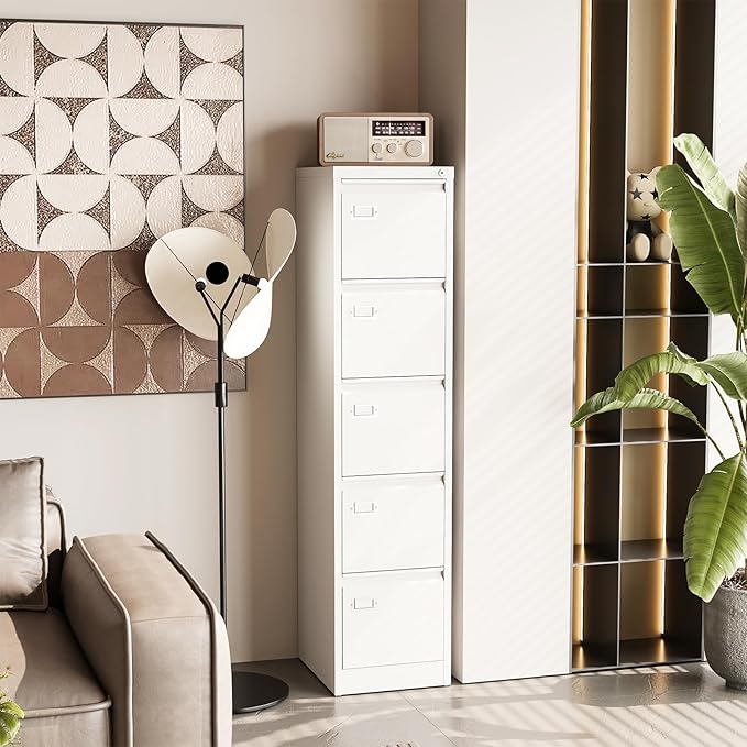 5 Drawer File Cabinet with Lock, Metal Filing Cabinets, 5-Vertical Filing Cabinet,Steel Lockable Storage Cabinets for Home Office to Organization Hanging Letter/Legal/F4/A4,White