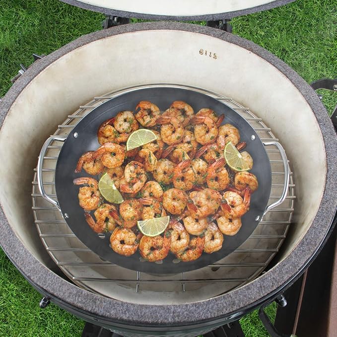 Round Grill Wok with Handle for Green Egg Veggie Basket BBQ Accessory Barbecue Tools for M/L/XL Green Egg Accessories for StriFry,Shrimp,Meat&Vegetable Outdoor Camping Cookware