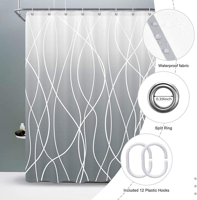 Punkray Ombre Grey Shower Curtain for Bathroom with Hooks, Stripe Bath Curtains Decorative Shower Curtains Water Repellent Washable, 60 x 72