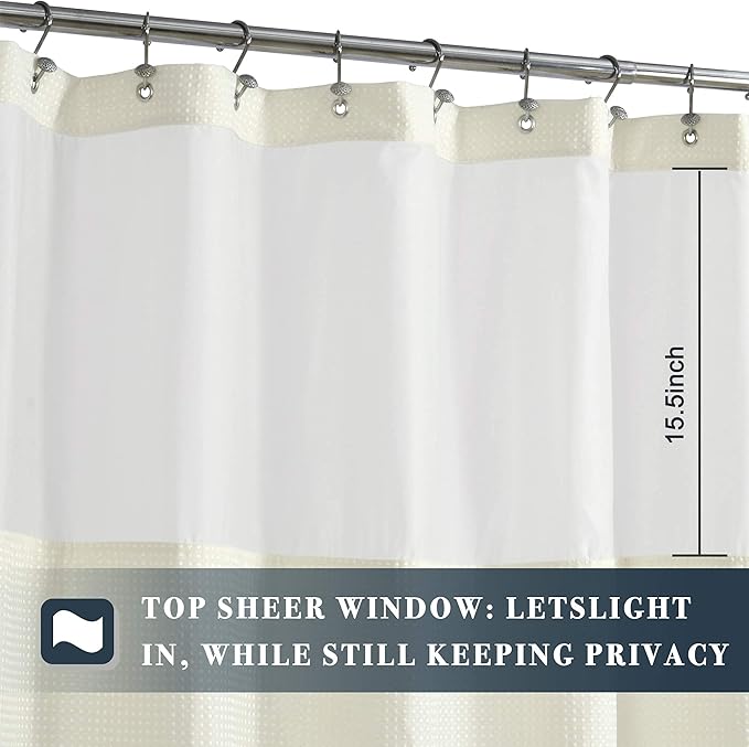 N&Y HOME Waffle Weave Shower Curtain with Snap-in Fabric Liner & Hooks Set - Hotel Style Cream Shower Curtain for Bathroom, Water-Repellent & Washable, Mesh Top Window - 71x72, Cream