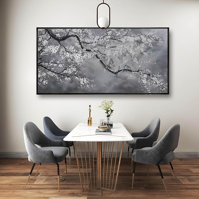 Plum Blossom Wall Art Framed Wall Art Decor Canvas Birds Wall Decorations Bedroom Picture Large Artwork for Living Room Dining Room 24”x48”