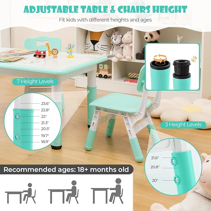 HONEY JOY Kids Table and Chair Set, Height Adjustable Children Activity Table and 4 Chairs Set w/Erasable Graffiti Desktop, Toddler Table and Chair Set for Daycare, Classroom, Home (Green)