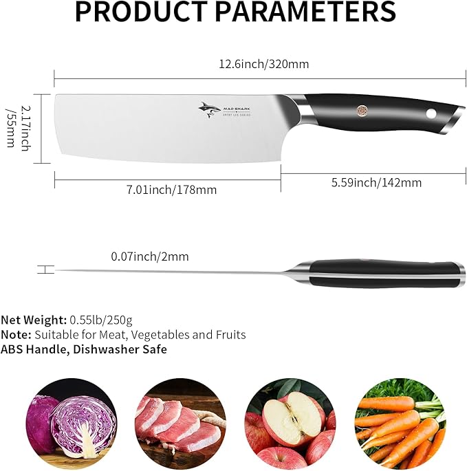 MAD SHARK Nakiri Knife 7 inch Chef Knives, Vegetable Kitchen Knife with High Carbon Stainless Steel Blade, Multipurpose Asian Knife for Chopping, Cutting and Slicing with Ergonomic Handle