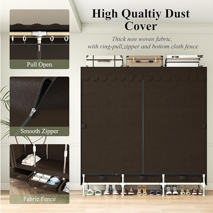 Portable Amories Closet Wardrobe with Non Woven Fabric Cover,59 Inch Large Metal Clothes Rack Storage Closet with 3 Hanging Rods,3 Drawers and 3 Storage Shelves,Brown,for Small Room