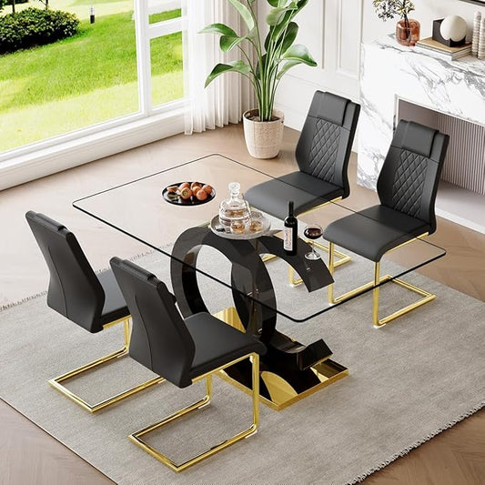 63'' Glass Dining Table Set for 4, Kitchen Table Chairs Set of 4, Clear Glass Dining Table with Black unique design Leg and Gold Metal Base, 4 PU Dining Chairs with Metal Legs, Living Room, Kitchen.