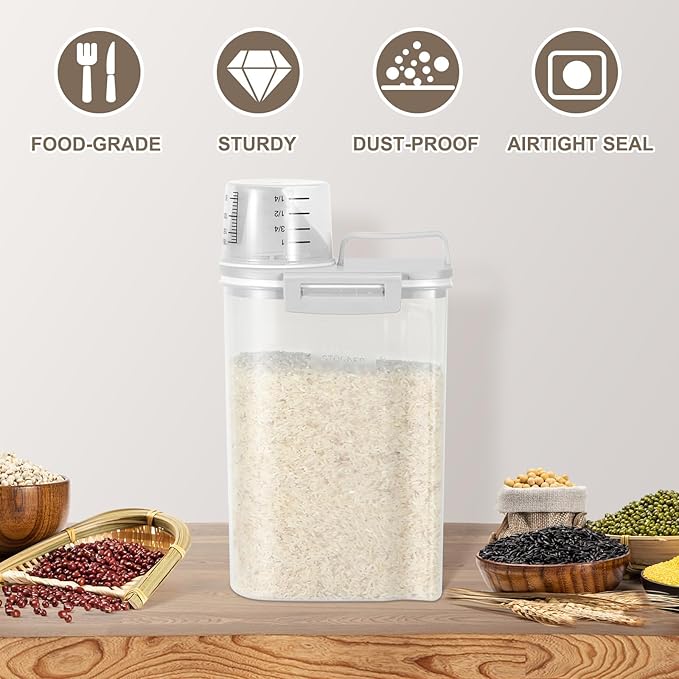 TBMax Rice Storage Container 2 Pack, Plastic Kitchen Pantry Food Storage Container with Cup, Small Pet Dog Cat Food Container Dispenser