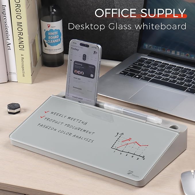 TOWON Small Compact Glass Desktop Whiteboard with Storage – 12 x 7 in Dry Erase Board for Desk, Home Office, School | Includes 5 Markers, Eraser & Holder | Space-Saving Organizer, Aesthetic Gray