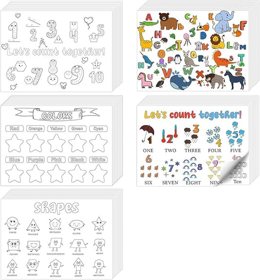 250 Pcs Disposable Coloring Placemats 5 Themed Coloring Activity Sheets Paper Mat Bulk 14.2"x10.2" Dining Table Paper Placemats Disposable Table Mat for Kids DIY (Weather,Shape,Color,Letter) (250)